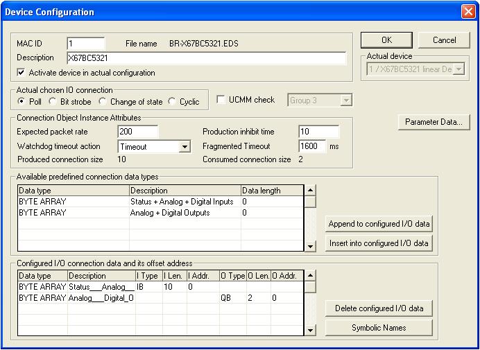 B&R Fieldbus Configurator Online connection The calculated input and output data s should be entered in the device configuration window in the lower section of consumed I/O connection data and