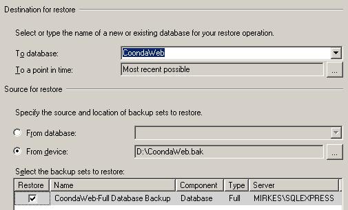 Obrázok 20. - Nastavenia potrebné pre obnovu databázy Nastavíme cesty, kde sa má uložiť fyzicky nami vytváraná databáza spolu s logovacím súborom a potvrdíme tlačidlom Restore. 1.2.4 Konfigurácia databázového servera po obnove Konfigurácia databázového servera spočíva vo vytvorení špecifických rolí v databáze pre vytvorených používateľov CoondaWebAdmin, CoondaWebUser.