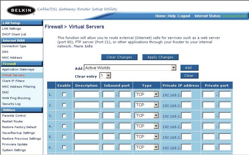 Using the Web-Based Advanced User Interface Configuring Virtual Servers The Virtual Servers function will allow you to route external (Internet) calls for services such as a web server (port 80), FTP