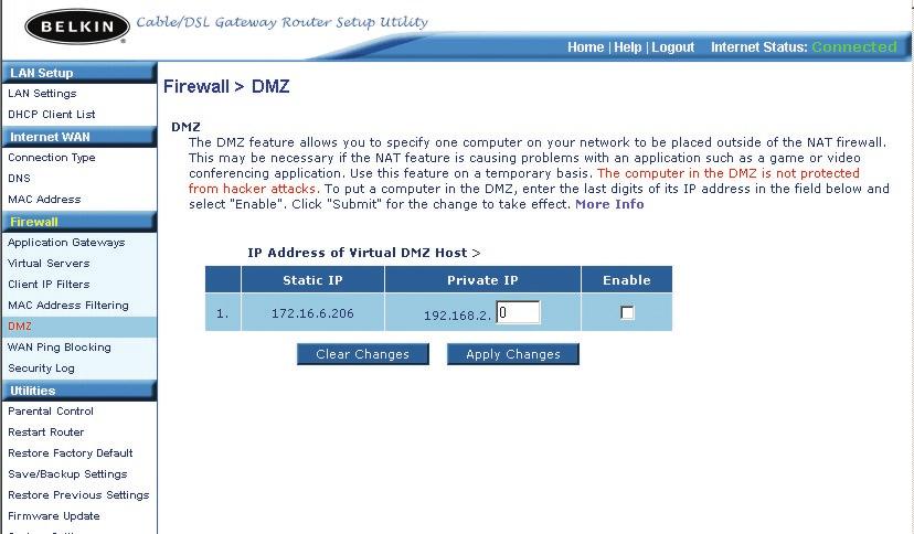 Using the Web-Based Advanced User Interface Enabling the Demilitarized Zone (DMZ) The DMZ feature allows you to specify one computer on your network to be placed outside of the firewall.