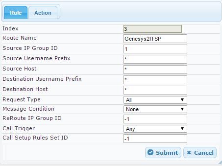 Telenor SIP Trunk with Genesys Contact Center 4. Configure a rule to route calls from Genesys Contact Center to Telenor SIP Trunk: a. Click Add. b.
