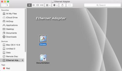 2.2.2 Installation for Mac OS 1. Insert the provided CD into your CD-ROM drive. 2. Double-click the Ethernet Adapter disc icon, double-click Drivers folder.