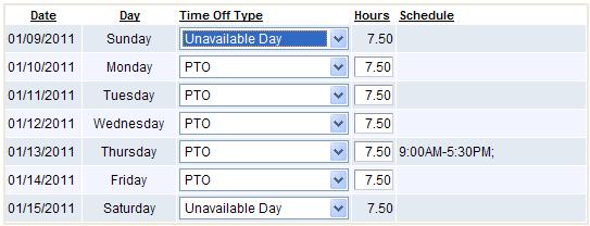 Three days can be used for requesting weekdays off. Note: No more than two unavailable days can be used in a row.