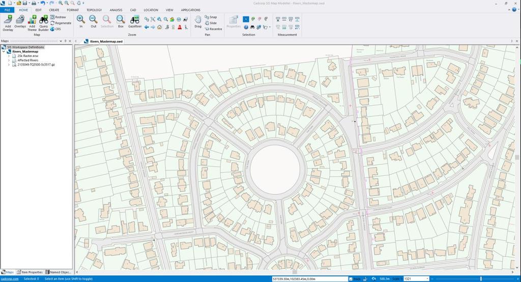 OS MasterMap Topography Layer Cadcorp SIS can easily load MasterMap topography layer data in its native format simply by dragging and