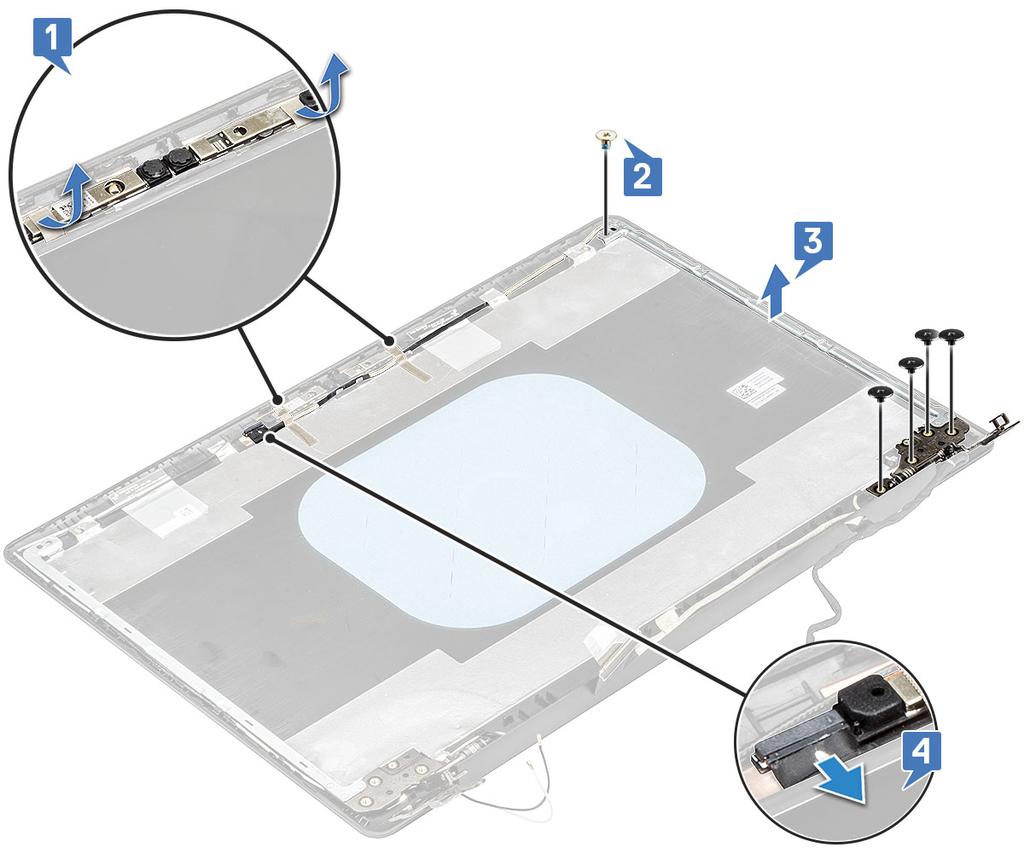 a base cover b WLAN card c WWAN card d display assembly e LCD bezel f LCD panel 3 Remove the adhesive tapes that secure the camera and the edp cable [1].