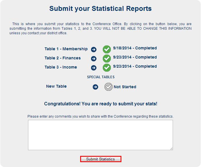 SUBMIT STATS To submit your statistics to the conference, click Submit