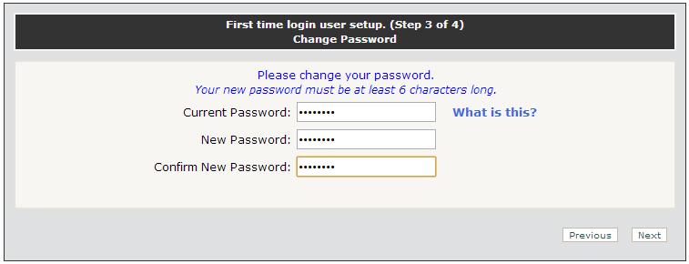 3. Enter the current password and the new password that you would like to use. Confirm the password, then click Next. 4.