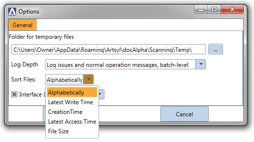 Alphabetically Creation Time File Size Latest Write Time Latest Access Time Interface Language: Shows the default UI