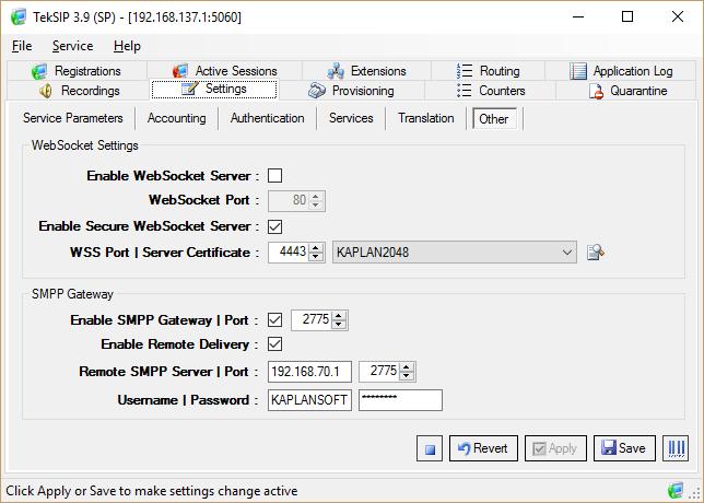 Figure - 8. Settings / Other tab You can enable SMPP gateway by clicking Enable SMPP Gateway option. You can set TCP port for SMPP service and enter remote SMPP server parameters.