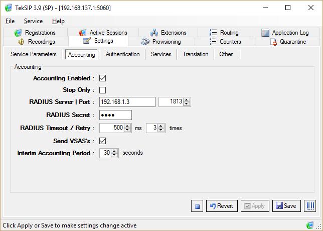Figure - 2. TekSIP Settings / Accounting Settings / Accounting Enter following information for Accounting: Accounting Enabled: TekSIP supports RADIUS accounting.