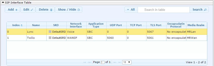 Microsoft Lync & Twilio SIP Trunk The configured SIP Interfaces are shown in the figure below: Figure 4-8: Configured SIP Interfaces in SIP Interface Table Note: Unlike in previous software releases