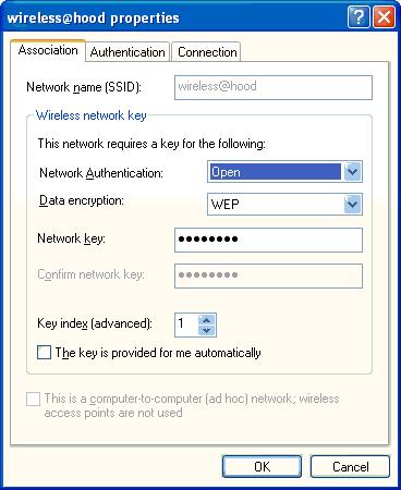 In Network key: type the WEP key provided by EUC (x3622 or euc@hood.
