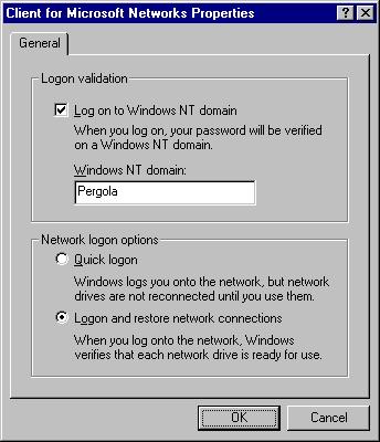 In the window that opens, put a check in the Log on to Windows NT domain box by clicking on it. Then type Pergola in the Windows NT domain box. Click OK. At the Network properties screen.