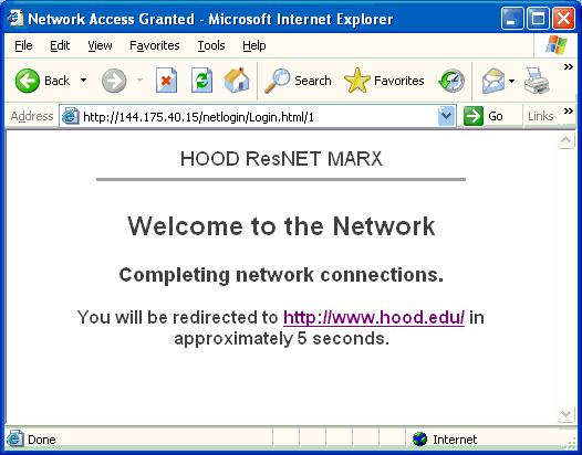 Click Yes) You should automatically be redirected to the Hood ResNET page. (If this page does not come up, type the address of an internet site in the address bar (www.google.com) and press enter.