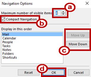 4. The Navigation Options window opens. The number of items visible is displayed along with the display order. If the Compact Navigation box is checked, icons will be displayed.