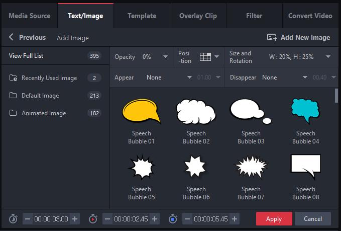 4. In the image list, choose an image to add. Or, click Add New Image to add an image saved to your PC. Use the tool bar on the top to change the image opacity, position and size.