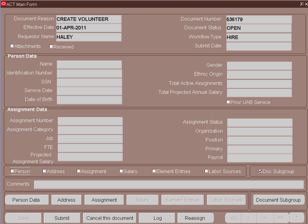The Person Data form contains demographic information and other personal data that is grouped into five sub forms and two buttons on the ACT form.