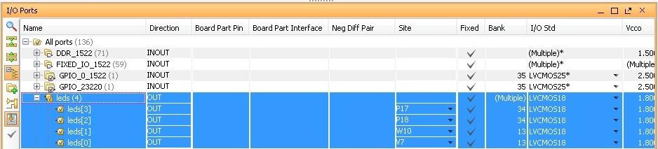completed led Port settings in the I/O Ports window. X-Ref Target - Figure 7-8 11. Select Generate Bitstream. Figure 7-8: led Port Settings 12. The Save Project dialog box opens.