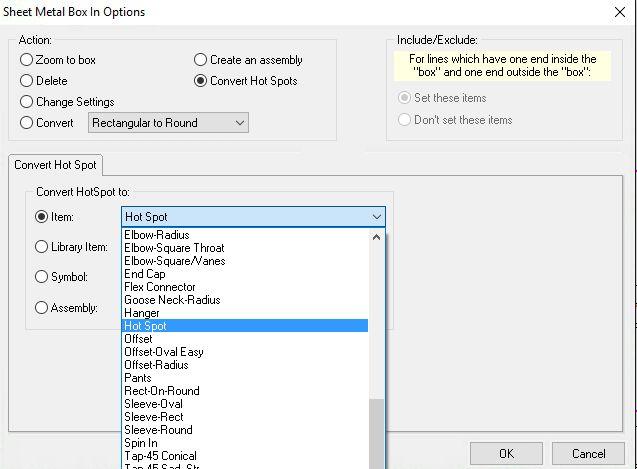Convert all hot spots with the box-in tool into an item With AutoB id SheetMetal 2018v1, you can use th e box-in tool to box in a certain area and convert all remaining hot spots into a certain item