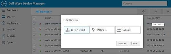 Figure 5. Find Devices To discover a device, perform the following tasks: 1 Click the Find Devices option. You can discover a device using Local Network, IP Range and Subnet.