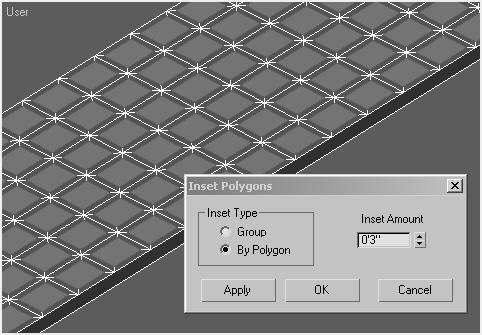 Chapter 9: Diving Deeper into Modeling Techniques 281 Polygons dialog, select the By Polygon radio button to inset each polygon individually. Enter 3" in the Inset Amount field and press Enter.