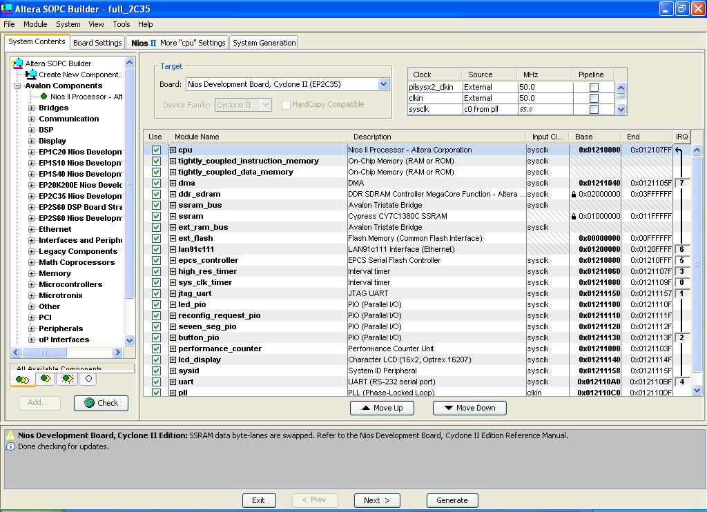 Tutorial: Using the Nios II Plug-In Figure 2. SOPC Builder View Nios II Software Set-Up You can now use the Nios II IDE to compile your software application and generate the ELF file.