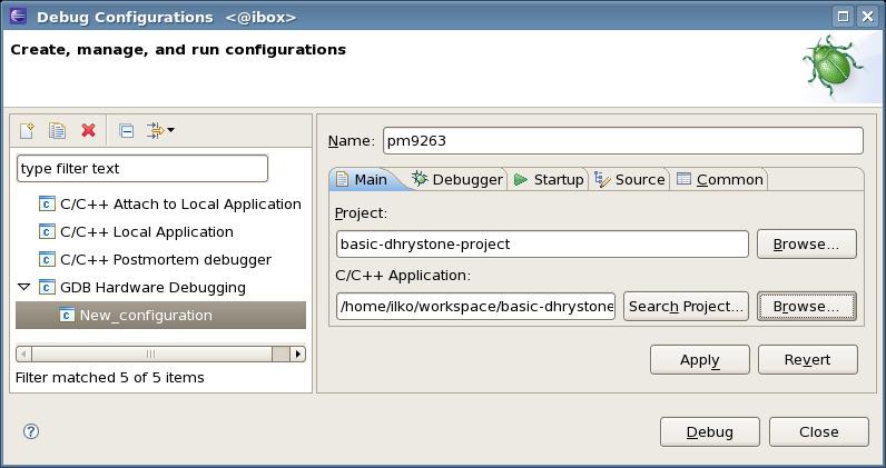 Debug configurations -> GDB Hardware Debugging : Type in the Name field: pm9263,