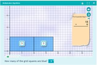3 What multiplication problem are we solving? Students can respond based on the episode. How does the blue rectangle represent the multiplication problem?