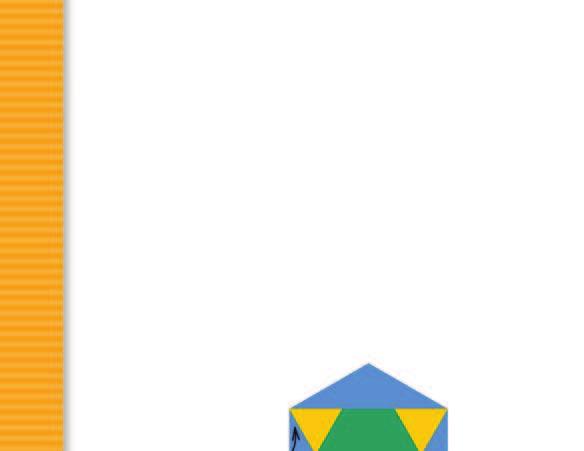 In the design shown below, a green regular hexagon is surrounded by yellow equilateral triangles and blue isosceles
