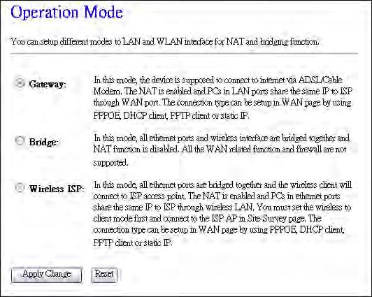 4.3.3 Operation Mode This page is used to configure which mode wireless broadband router acts. Item Gateway Bridge Wireless ISP Apply Changes Reset Description Traditional gateway configuration.