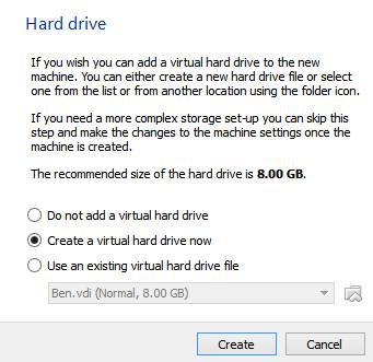 Set Up the VM 4. Create a virtual hard drive. You should choose the default option to create a new virtual hard drive. 5.