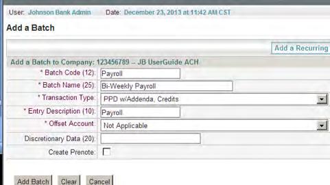 To add a Batch: Step 1: Select the Payments menu and choose ACH NOTE: Only the ACH Companies to which the user is permitted display in the Available Companies dropdown.