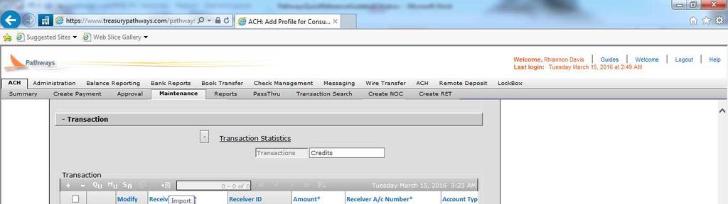 At the Transaction within the profile; Click to display the Import Dialog.