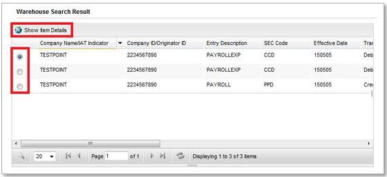 4. The result will be the Warehouse Search Result screen populated with each transaction meeting the search criteria.