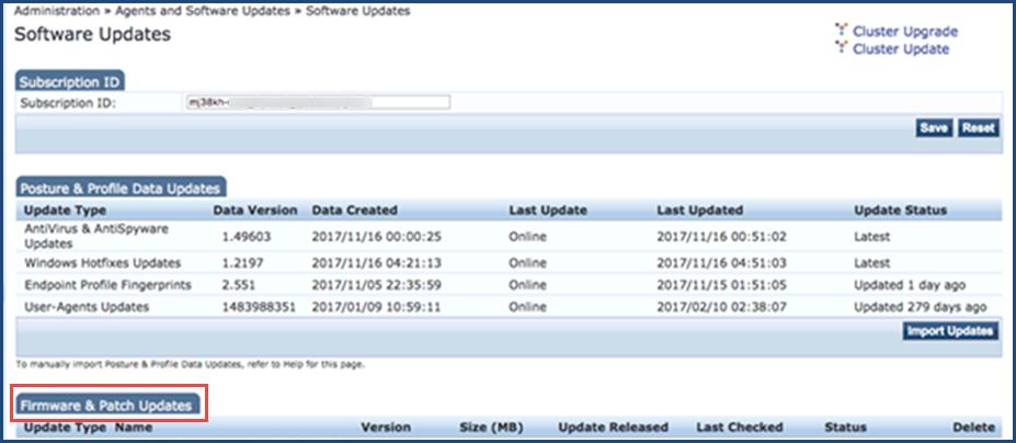 Administration > Agents and Software Updates > Software Updates Upgrade image files are also available for download on the Aruba Support Center under ClearPass > Policy Manager.