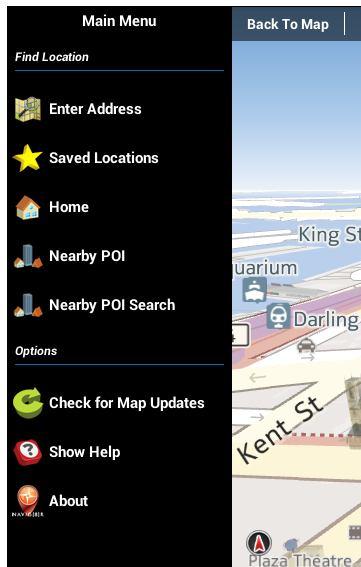 Details, Clear Trip Buttons OPTIONS: Check for Map Updates, Show Help, About.