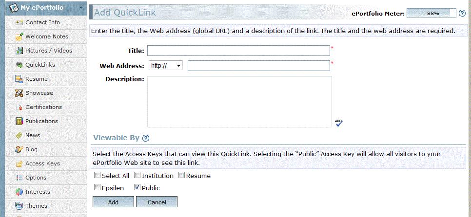 Complete the form by adding a title, URL, and a description (optional). Under Viewable By select the Access Keys to define user access.