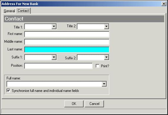 EFT TRANSACTIONS 15 2. From the EFT Bank Information tab, click Contact. The Address screen opens to the Contact tab. 3. In the Title 1 field, select a primary title for the contact. 4.