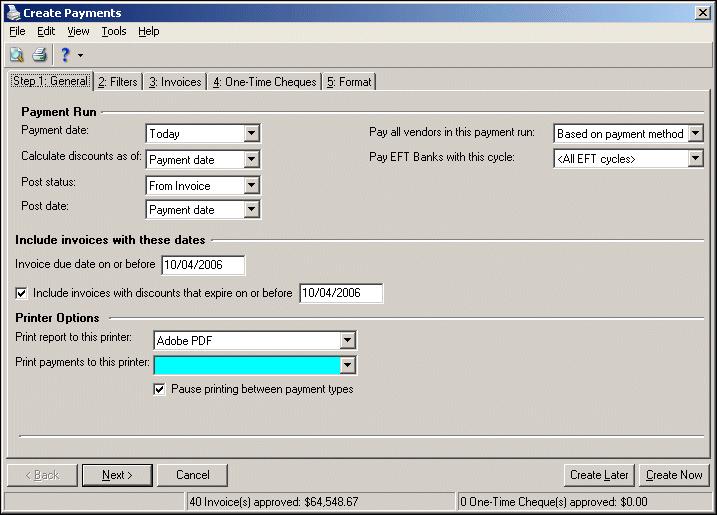 154 C HAPTER Creating a payment 1. From Payment tasks on the Banks page in Accounts Payable, click Print cheques and record bank drafts. The Create Payments screen appears. 2.