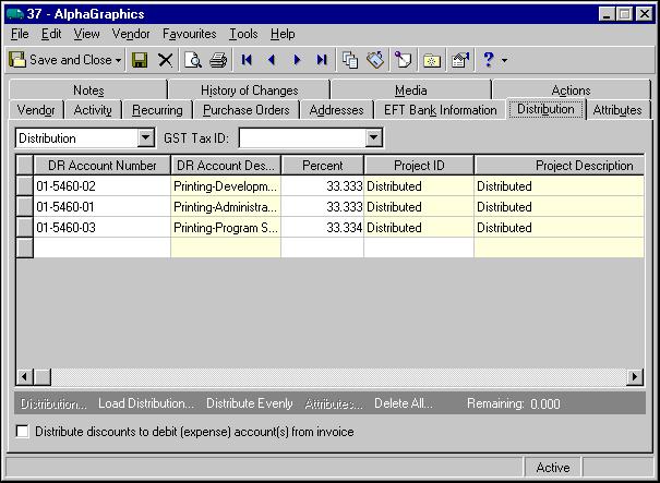 22 C HAPTER The Distribution tab contains vendor account distribution information.