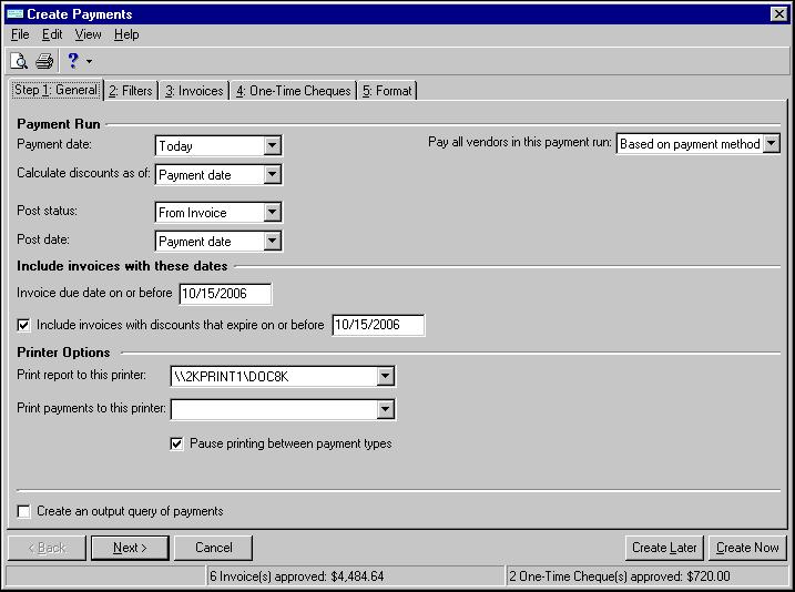 72 C HAPTER In Accounts Payable, you can make payments from the Banks page. You can print cheques, record bank drafts, create and edit one time cheques, and create manual cheques.