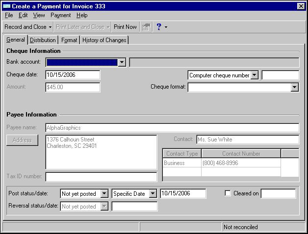 82 C HAPTER 4. To print the cheque, select it in the grid and click Print Cheque on the toolbar. The Printing Payment Status screen appears so you can assure cheques will print successfully.