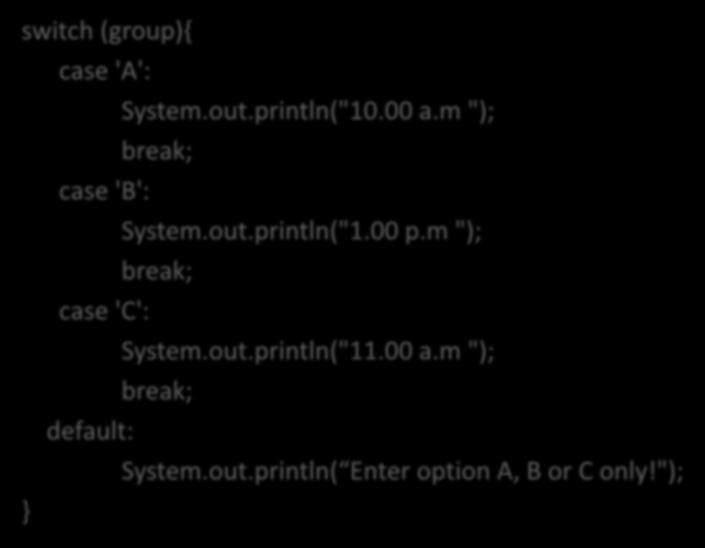 m "); break; case 'C': System.out.println("11.00 a.