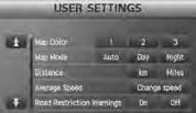 Navigation Setup r Settings Before Steps MENU select select Open the [USER SETTINGS] screen n Map Color a screen color from the to options.