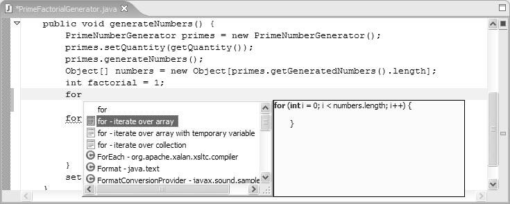 84 CHAPTER 3 Using Java Development Tools Figure 3.11 Code Assist Suggestions selected item.