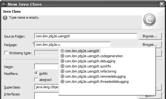 13, we are using code assist while creating a new Java class to help identify its package. Figure 3.