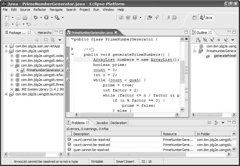 Getting Started with JDT 69 Figure 3.1 Java Perspective Outline view, which presents a structured, hierarchical view of the contents of the active editor.