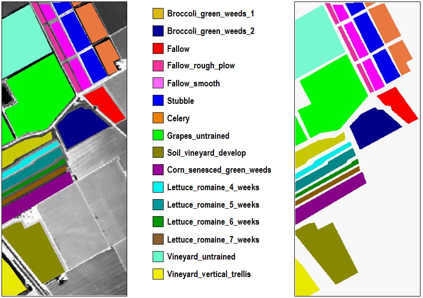 Sensors 2009, 9 208 Figure 6. (a) Spectral band at 488 nm of an AVIRIS hyperspectral image comprising several agricultural fields in Salinas Valley, California, with ground-truth classes superimposed.