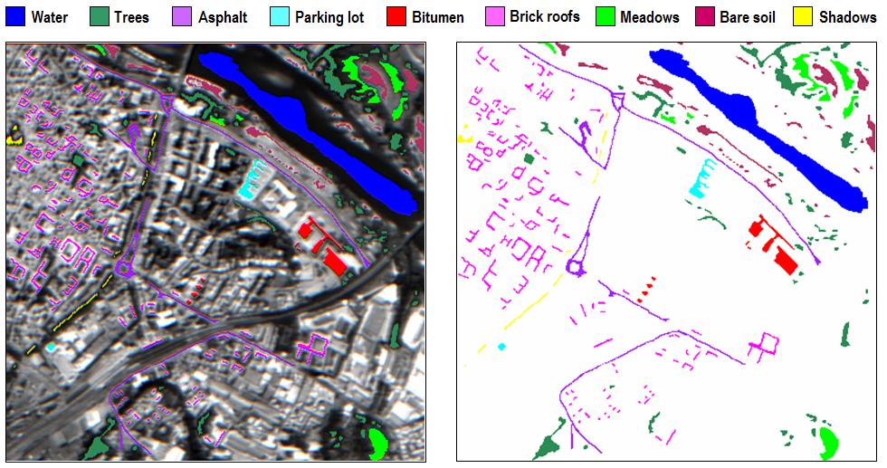 (a) Spectral band at 639 nm of a DAIS 7915 hyperspectral scene comprising urban features in Pavia, Italy, with ground-truth classes superimposed.