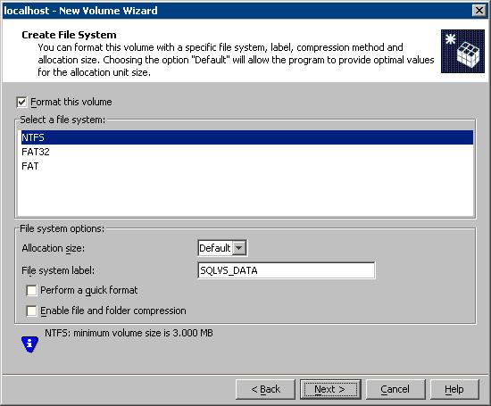 Configuring SFW storage Creating dynamic volumes 65 10 Create an NTFS file system. Make sure the Format this volume checkbox is checked and click NTFS.